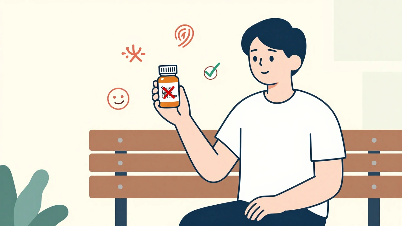 Person holding buspirone pill with icons of restored sexual function, contrasting with SSRI side effects.