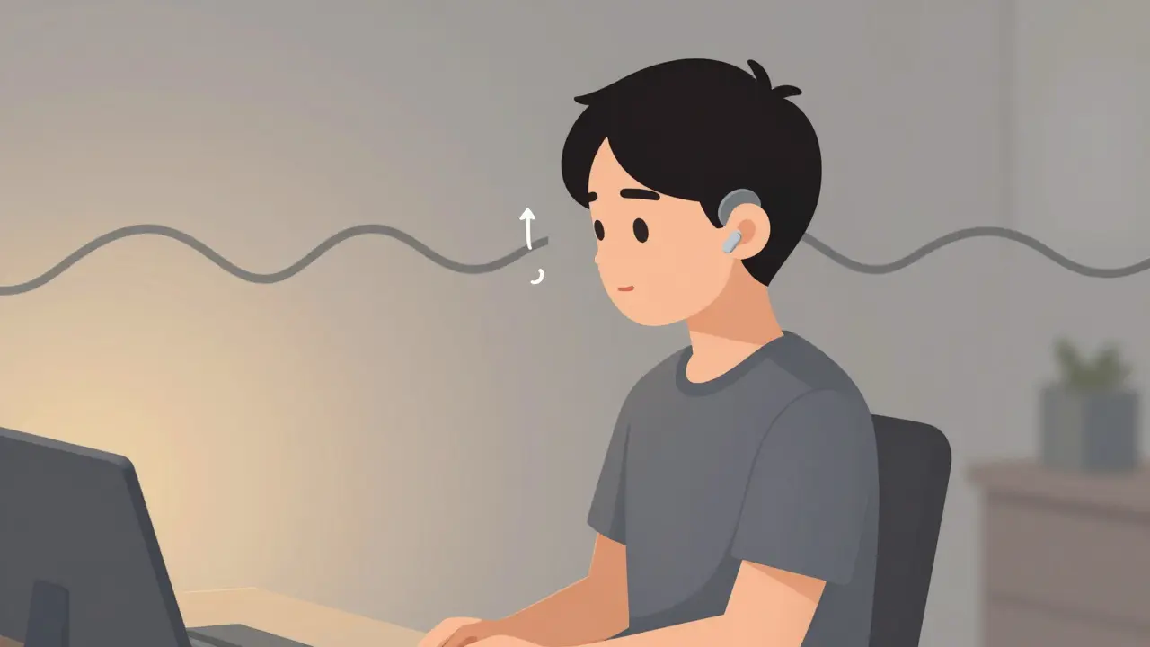 Person wearing sound therapy devices with gentle static waves, calm and hopeful.