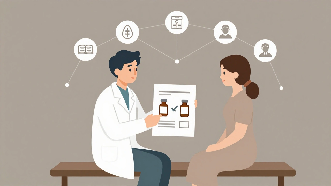 Pharmacist and patient reviewing biosimilar vials together with icons representing safety and cost.
