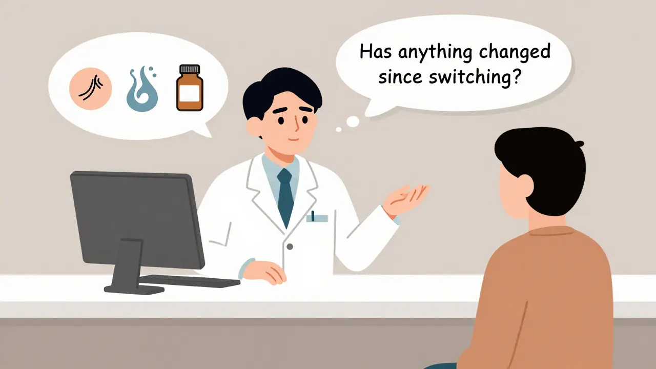 Pharmacist asking a patient about new symptoms after switching medications.