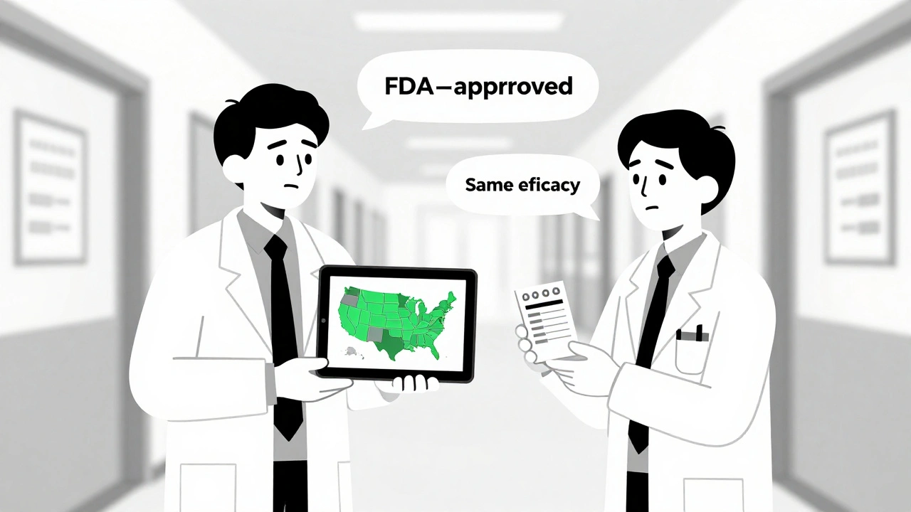 Pharmacist explaining biosimilar substitution to a doctor using a state map showing adoption laws.