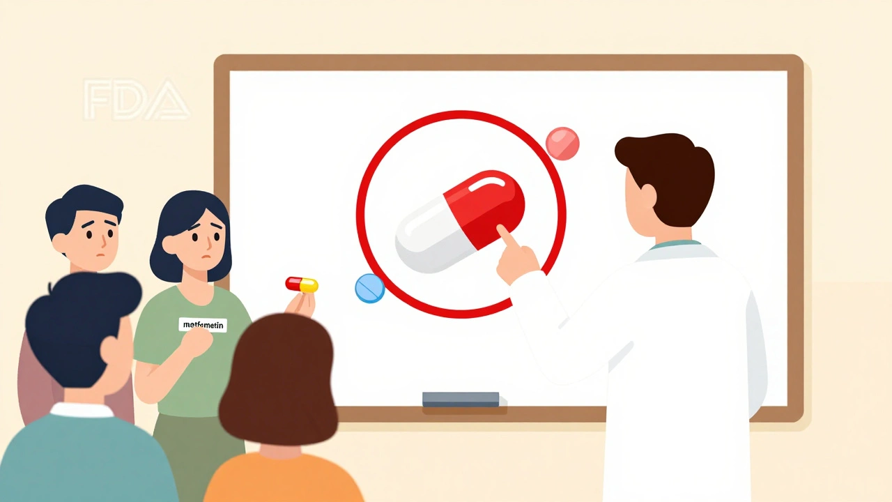 Pharmacist explaining generic medication using a simple visual diagram on a whiteboard.