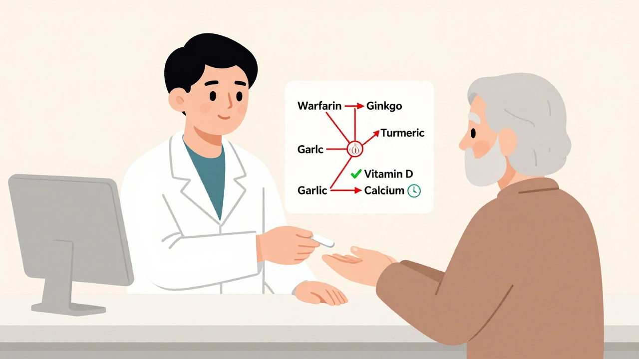 Pharmacist giving advice to an elderly patient, with a visual map of dangerous supplement-drug connections.