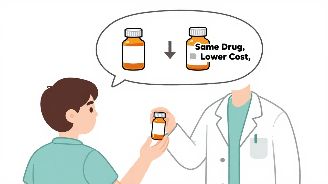 Pharmacist giving patient a generic medication with price comparison thought bubble.