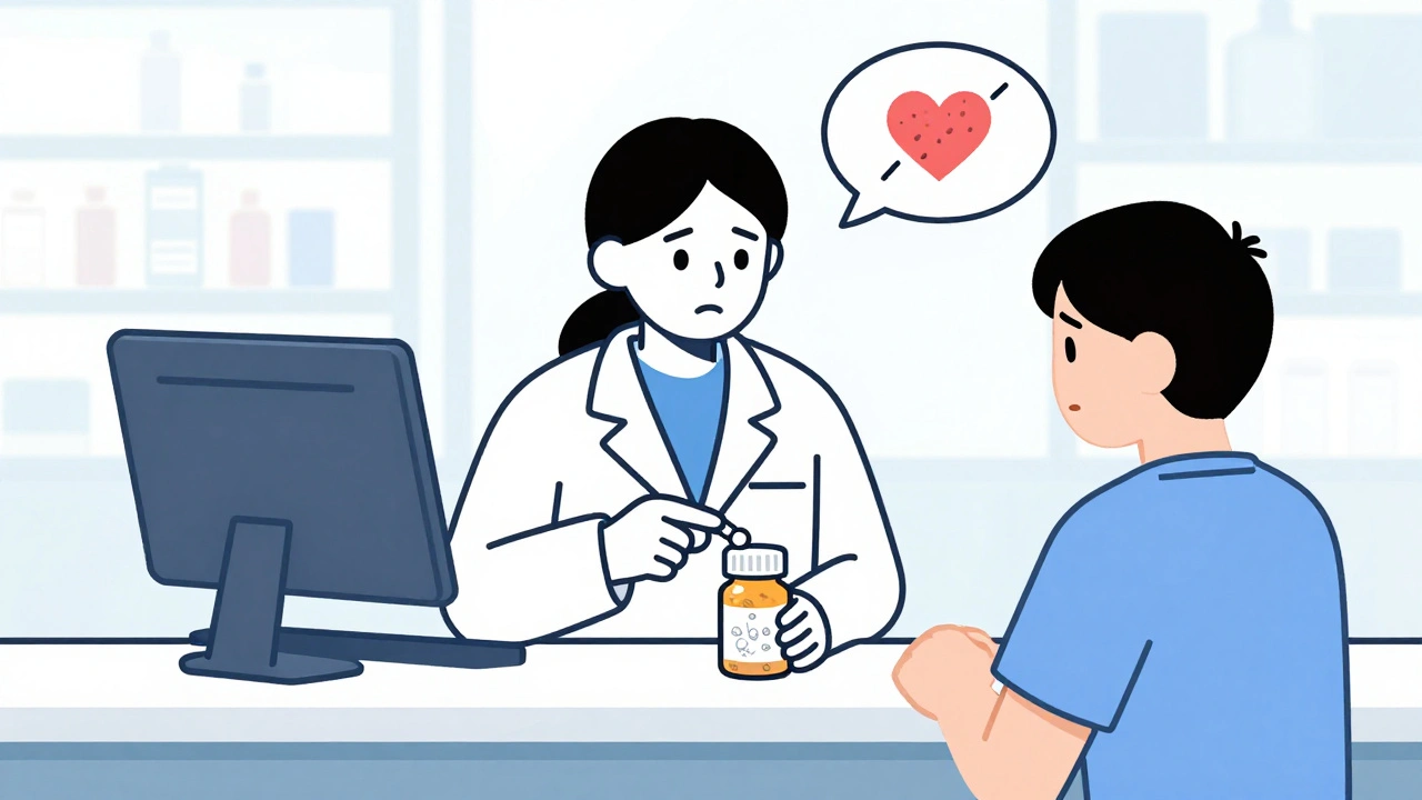 Pharmacist handing a pill bottle to a patient, with microscopic allergens visible on the label.