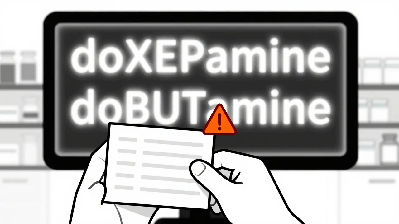 Pharmacist holding a faded label while a digital screen shows clear tall man lettering for drug names.