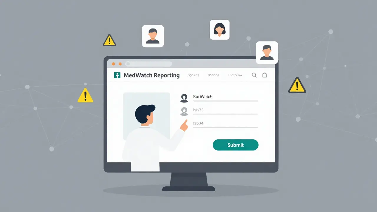 Pharmacist submitting an adverse event report via a digital portal with safety icons.