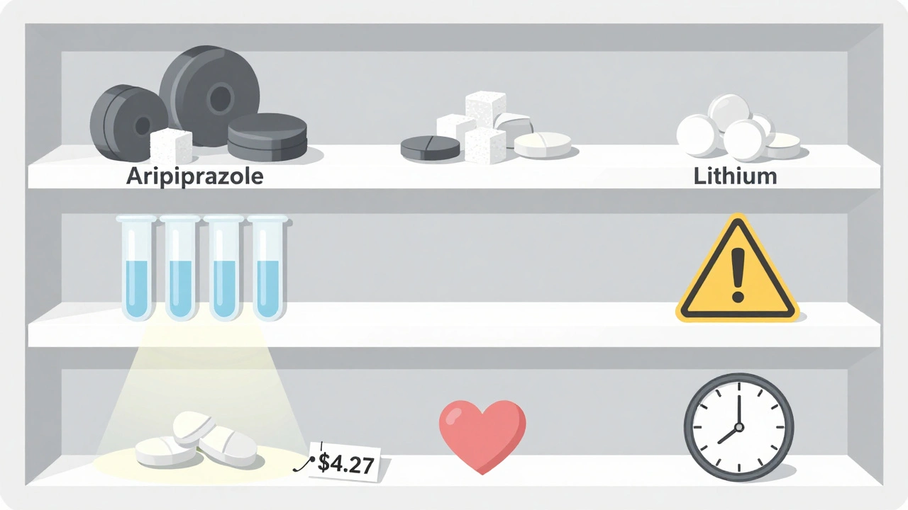 Pharmacy shelf comparison showing buspirone as lightweight, affordable, and safe versus heavier, riskier alternatives.