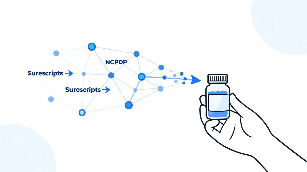 Pill bottle connected to digital network lines symbolizing secure electronic prescription transfer.