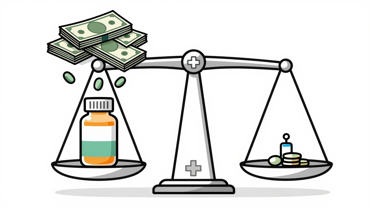 Scale balancing brand-name drug and generic pill, showing dramatic cost difference with falling cash and rising coins.