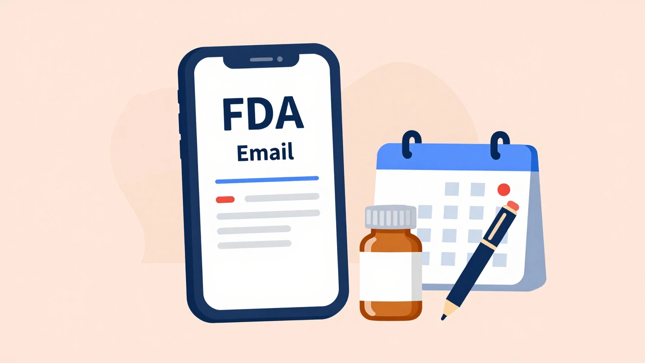 Smartphone showing an FDA alert next to a calendar and pill bottle, symbolizing proactive health monitoring.
