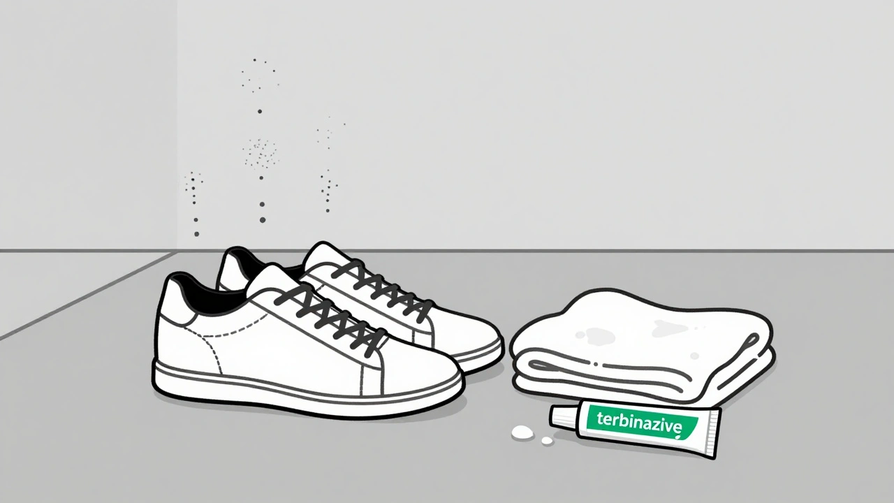 Sneakers and a towel with faint fungal spores rising, symbolizing how infections spread and return.