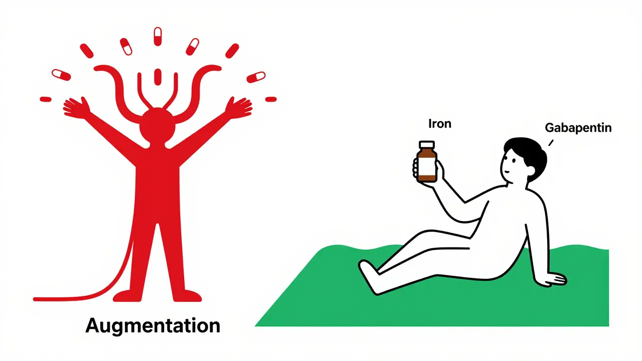 Split illustration: worsening symptoms vs. improved treatment with iron and gabapentin