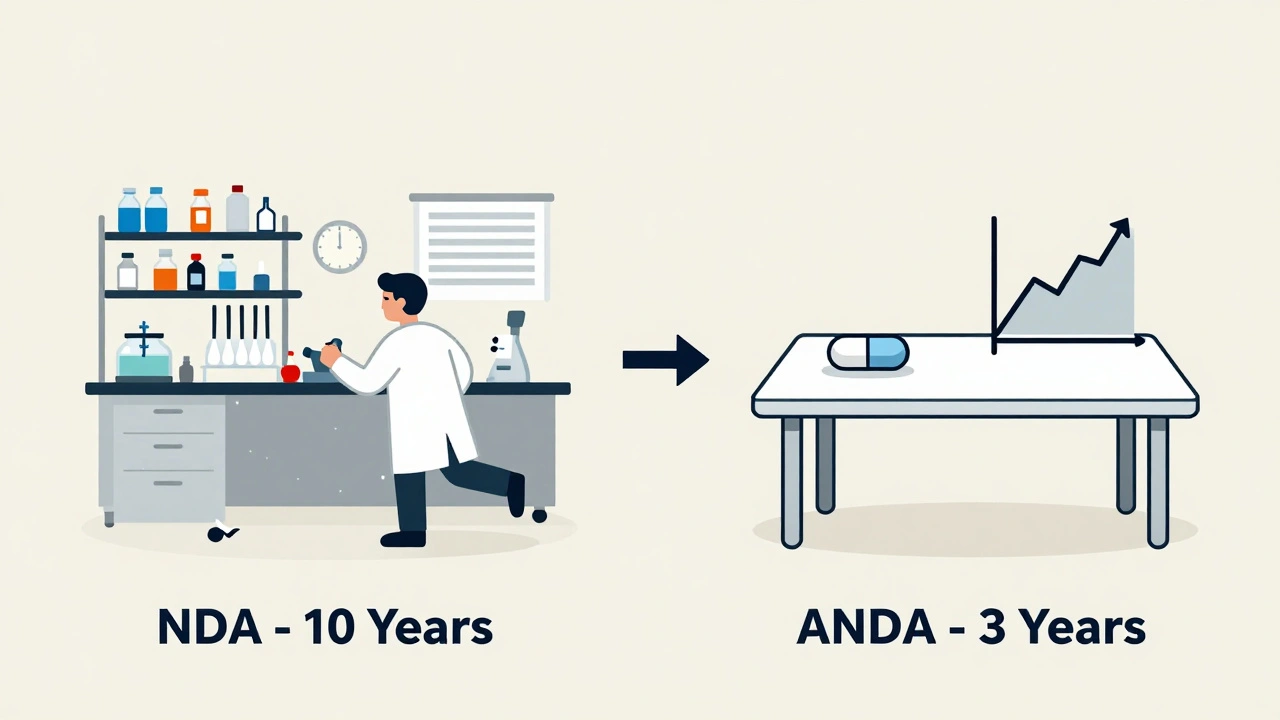 Split-screen illustration comparing lengthy NDA process with streamlined ANDA pathway.