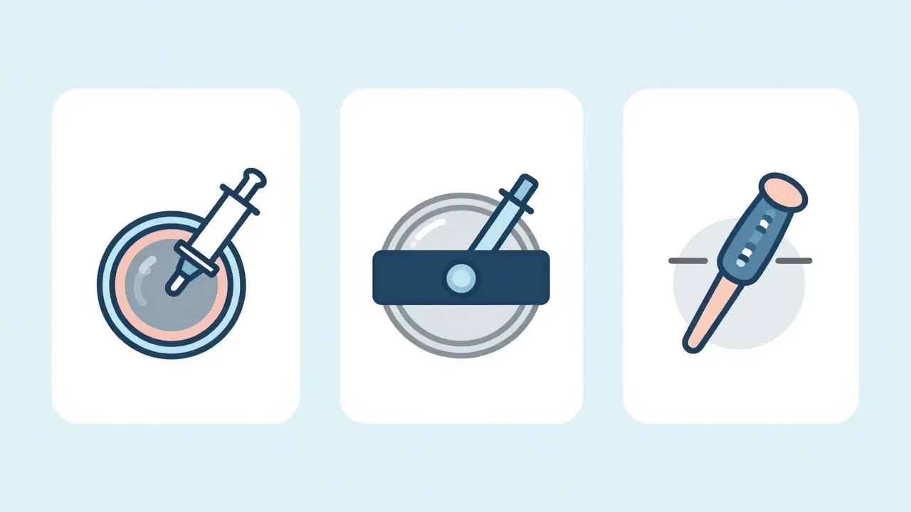 Three simple icons showing retinal detachment surgeries: gas bubble, buckle band, and vitrectomy.