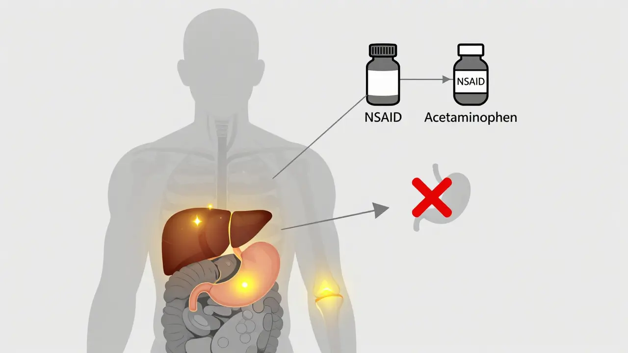 Translucent human torso showing inflammatory signals from organs, with pills indicating NSAID and acetaminophen effects.