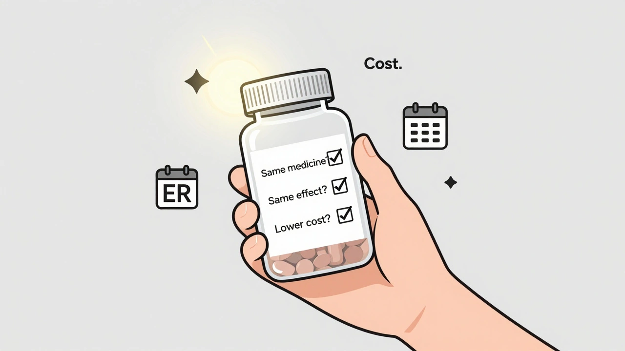 Transparent pill bottle with a checklist confirming generics are safe, effective, and affordable.