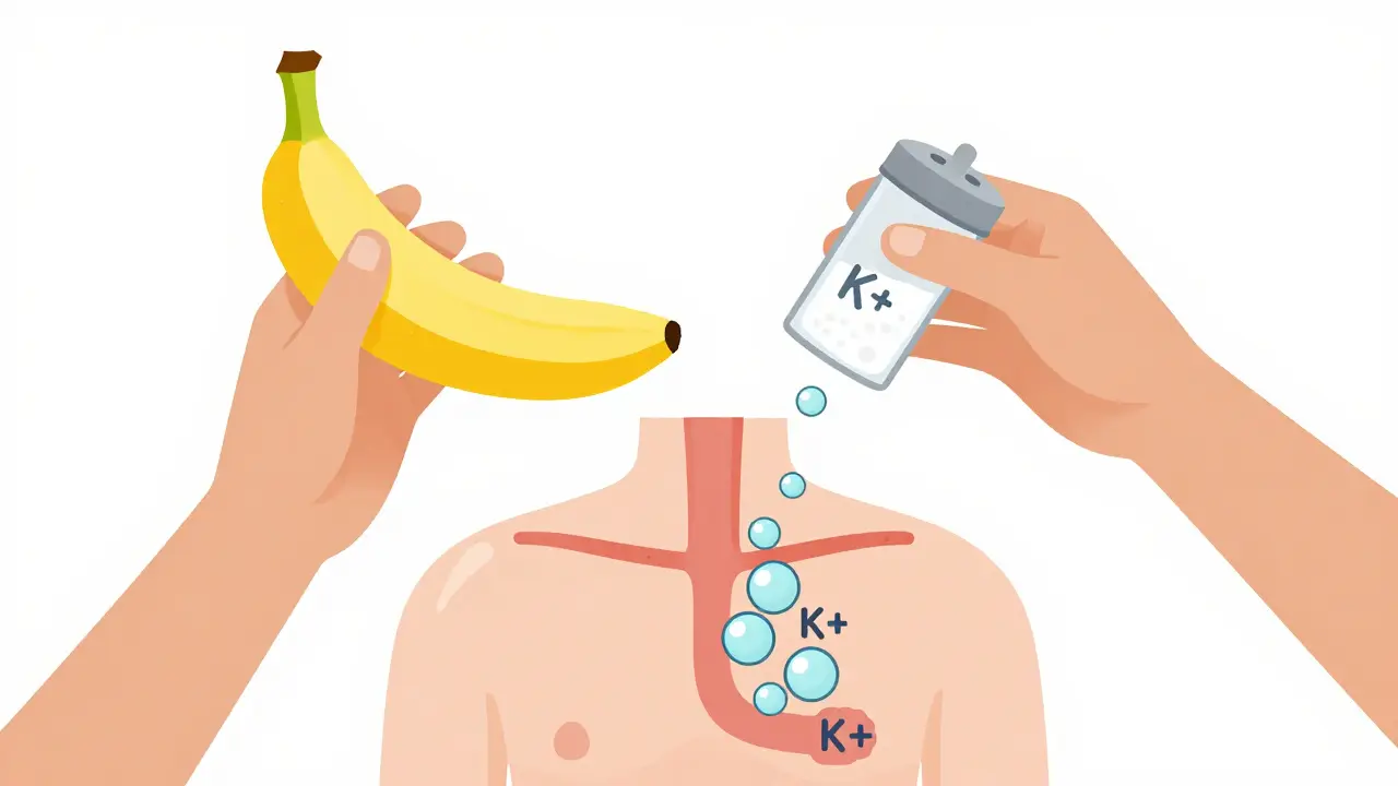 Transparent torso with potassium ions rising, countered by a potassium binder pill, representing treatment without stopping medication.