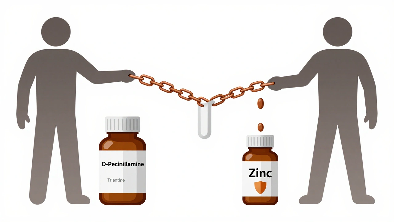 Two chelation pills pulling copper from the body, with zinc blocking gut absorption.