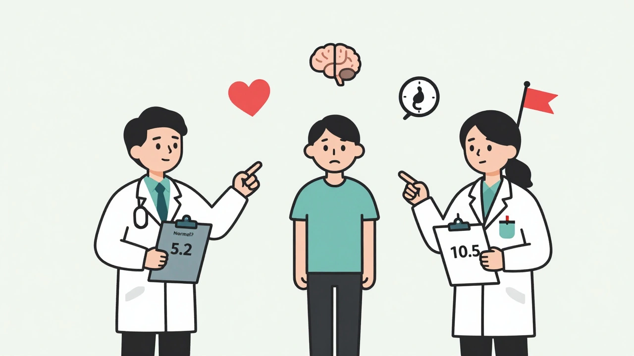 Two doctors debating TSH values while a patient looks confused between health symbols