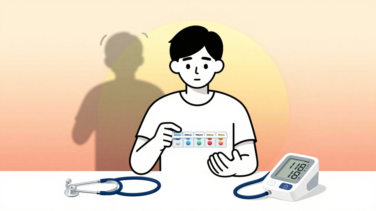Young person holding five pills beside a blood pressure monitor showing healthy reading.