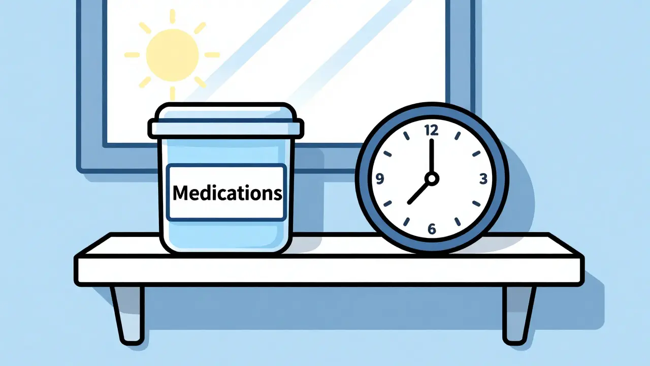 A cool, dry bedroom shelf with a sealed medicine container and morning light.