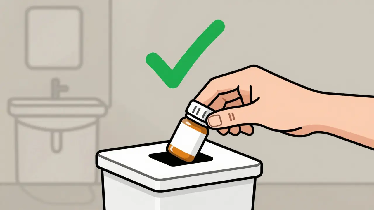 A hand depositing medication into a pharmacy take-back bin, with a fading bathroom in the background.