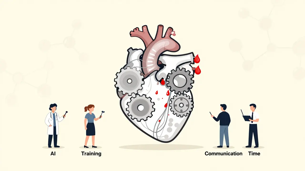 A heart made of gears leaking red, with five people holding solution tools