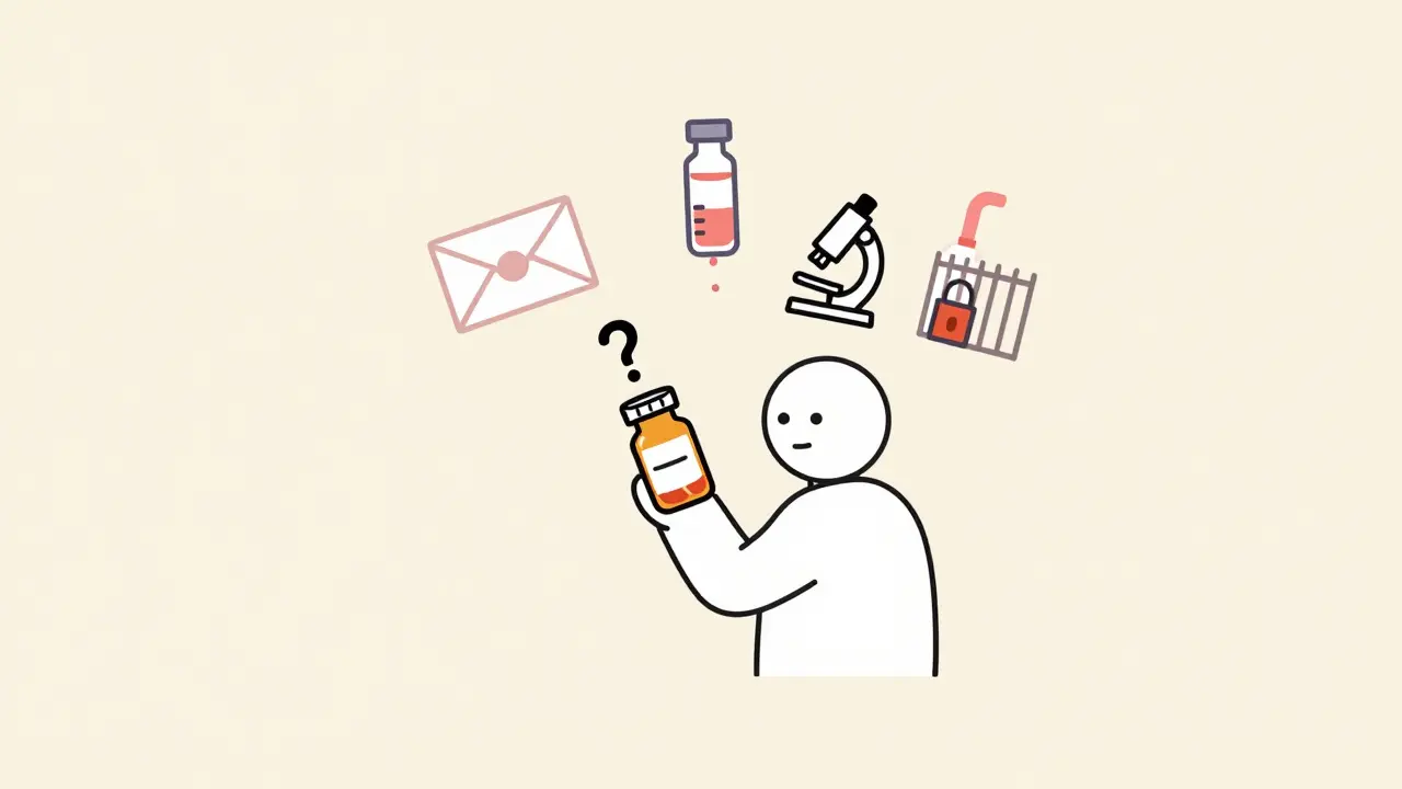 A patient holding a pill with floating icons of warnings, degraded medicine, and a locked factory behind.