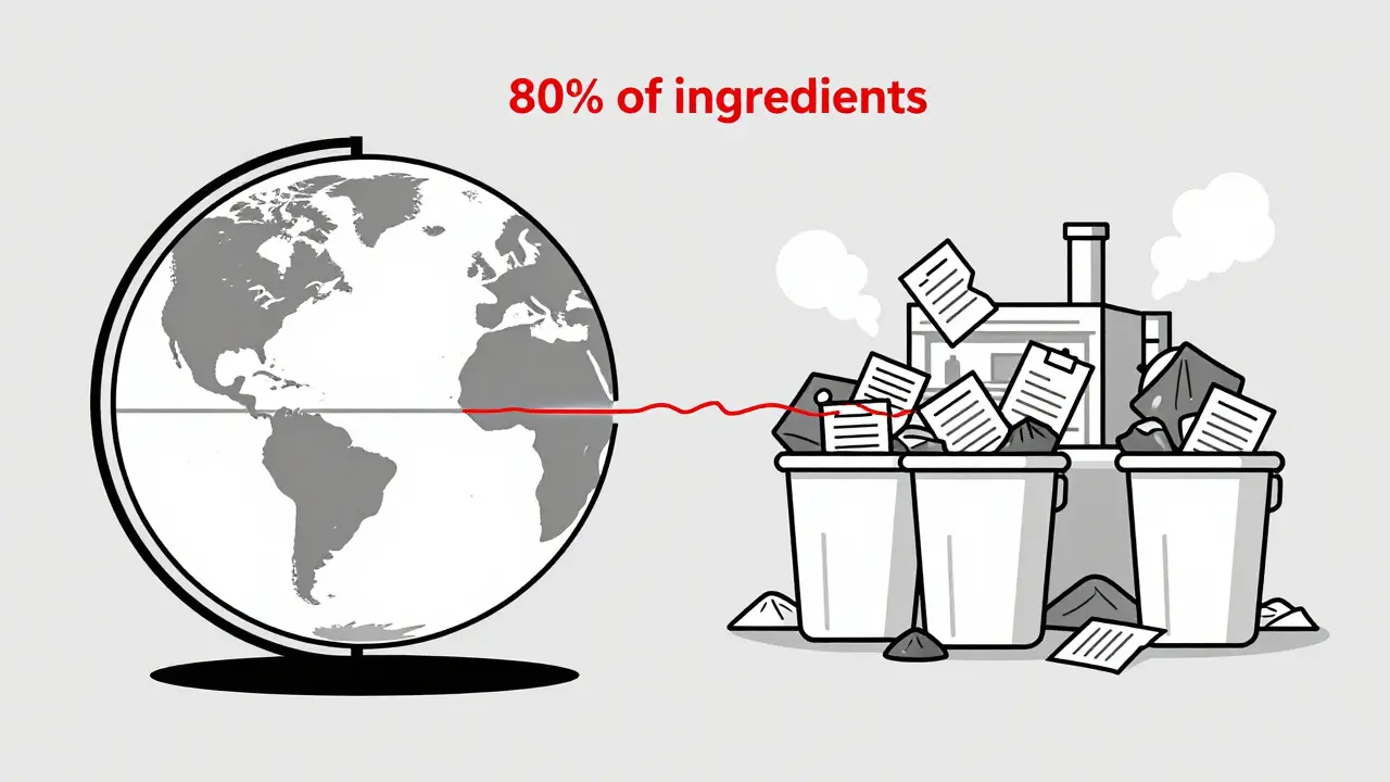 A split globe showing clean U.S. pharmacy and chaotic overseas factory, connected by a fraying red thread.