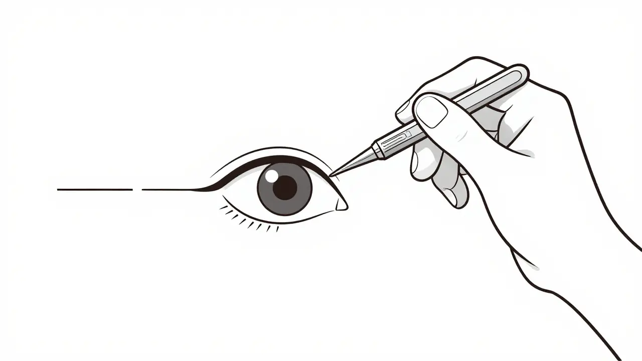 A surgeon's hand adjusting eye muscles with a surgical hook, minimalistic eye diagram in profile.