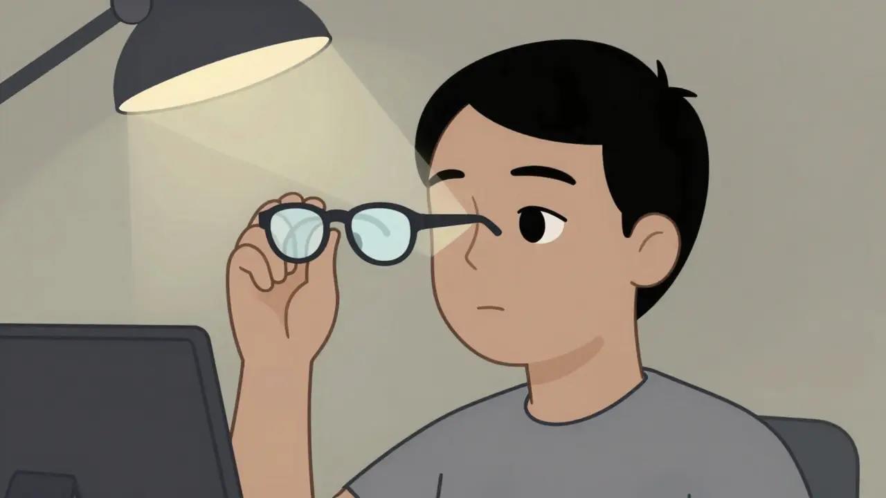 An adult with misaligned eyes, floating prism glasses beside them symbolizing double vision.