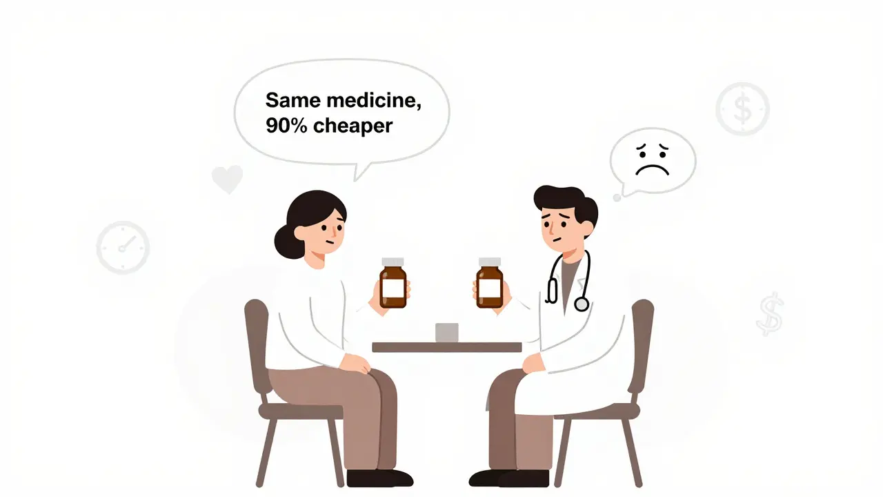 Clinician and patient smiling together with identical pill bottles and cost-saving message.