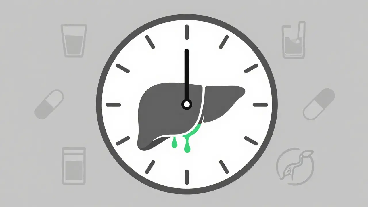 Clock at 8 hours with NAC drip flowing into a liver, surrounded by risk symbols