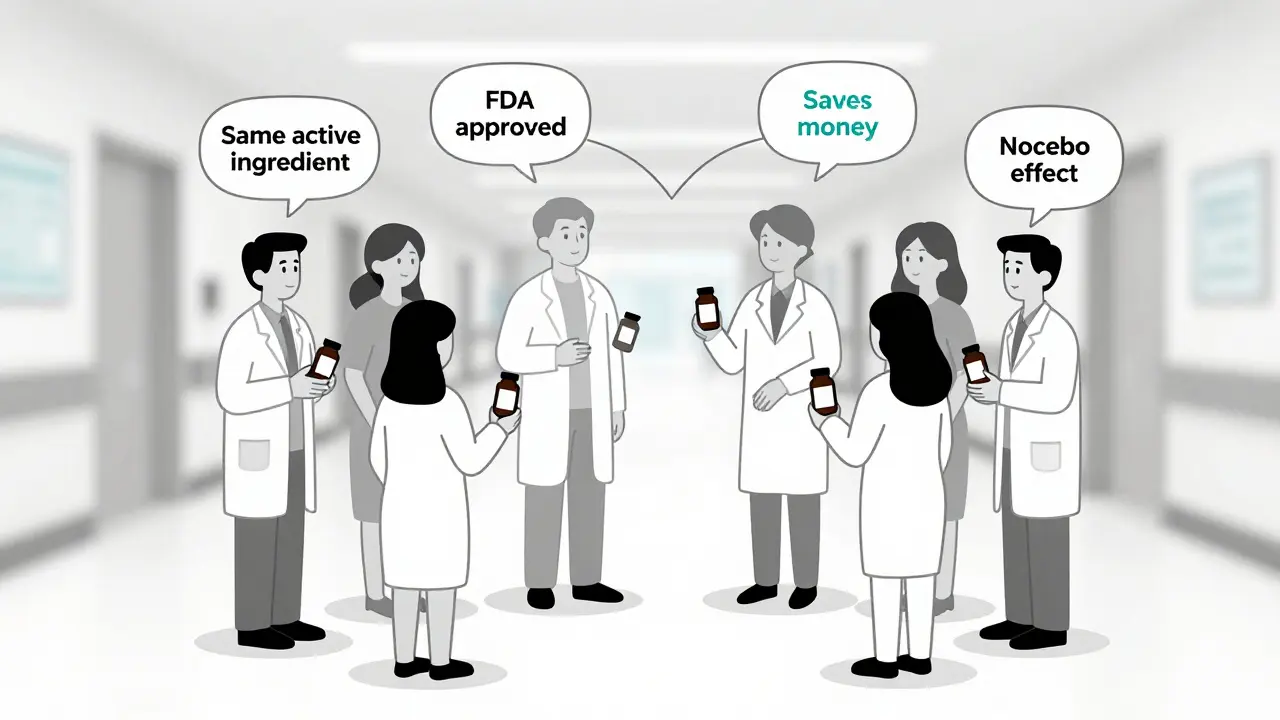Diverse patients holding pill bottles with key trust-building phrases in speech bubbles.