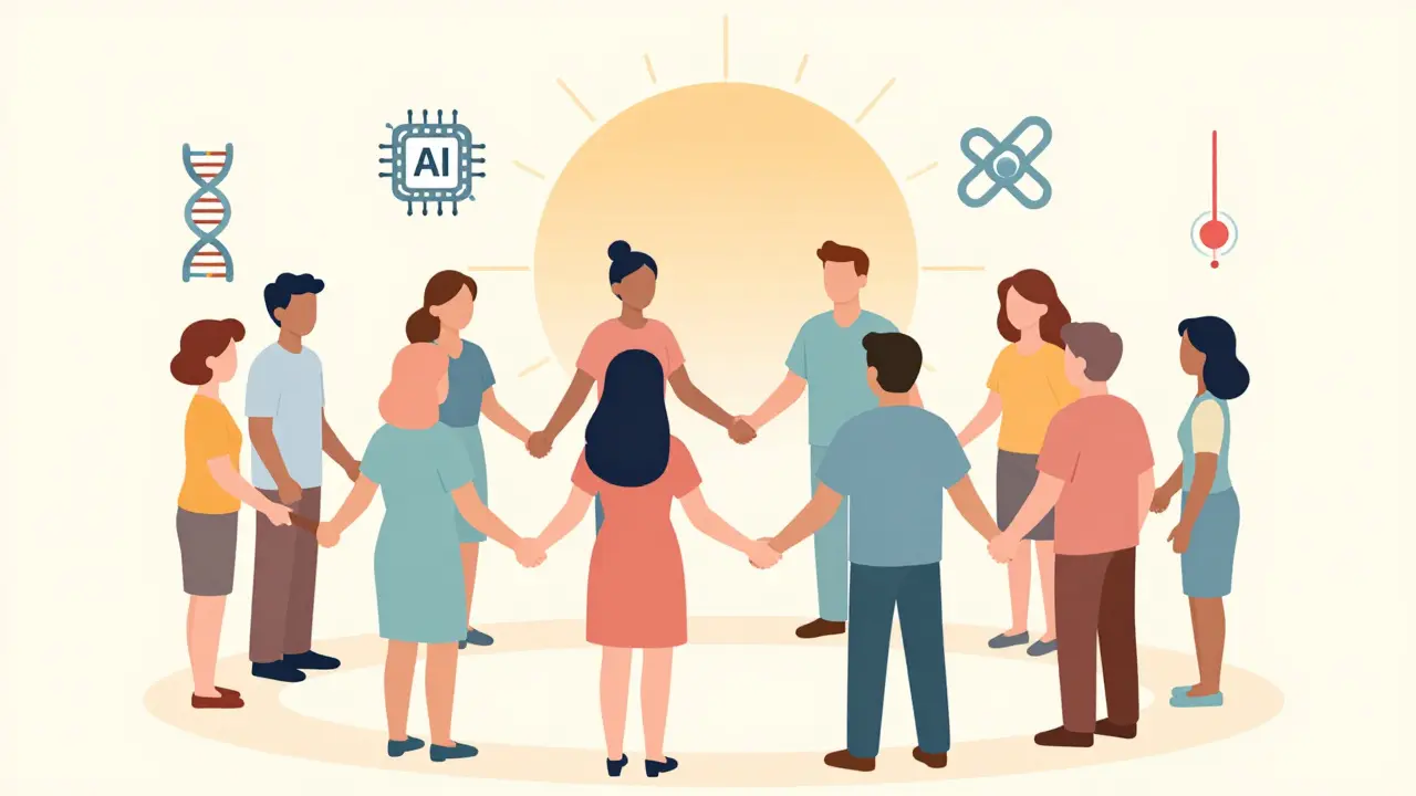 Diverse patients united by future-focused pain management tools like DNA, AI, and acupuncture.