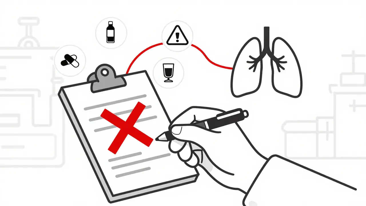 Doctor's hand with crossed-out prescription and warning icons leading to a silenced lung
