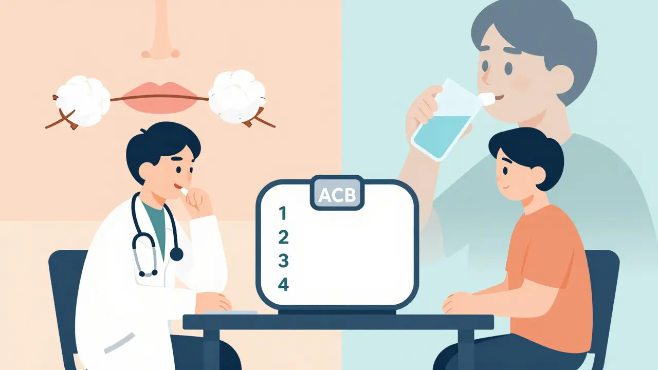 Doctor and patient reviewing ACB scale with side scenes of dry mouth and healthy saliva flow.