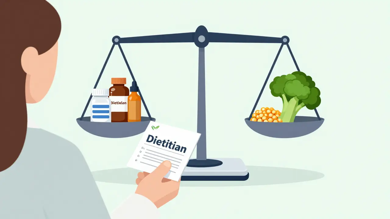 Doctor giving dietitian referral as scale balances meds with healthy foods