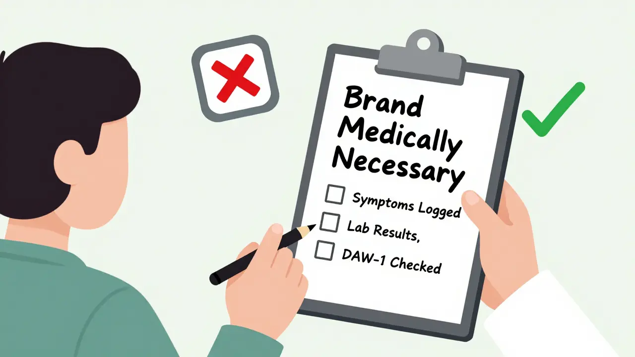 Doctor writing 'Brand Medically Necessary' prescription while patient presents symptoms and lab results.