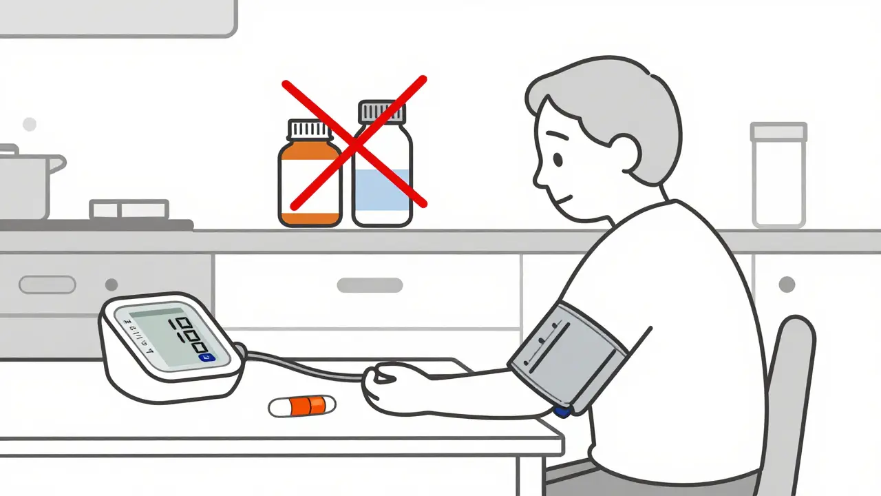 Elderly person choosing acetaminophen over NSAIDs and potassium salt on kitchen counter.