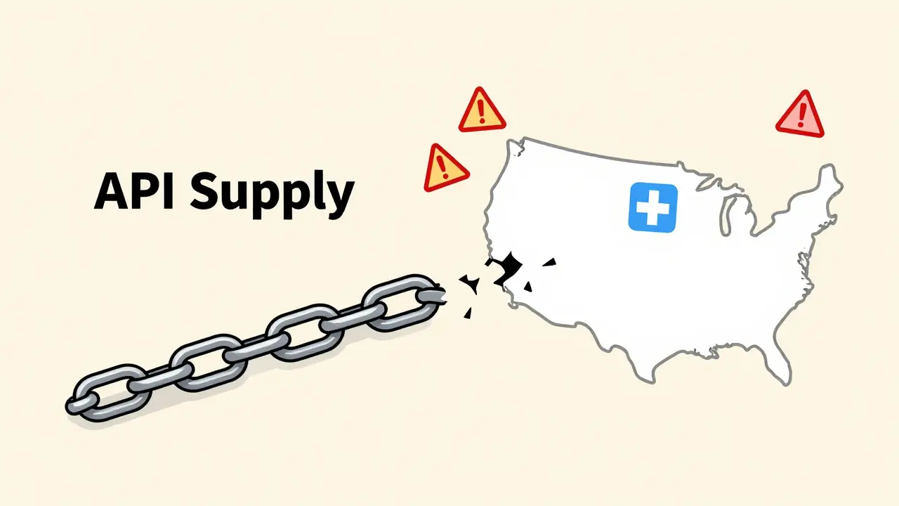 Fragile supply chain link between China and U.S. hospital with warning icons