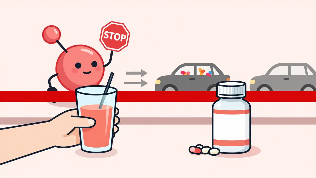 Grapefruit juice blocking statin metabolism with a red barrier and traffic jam effect