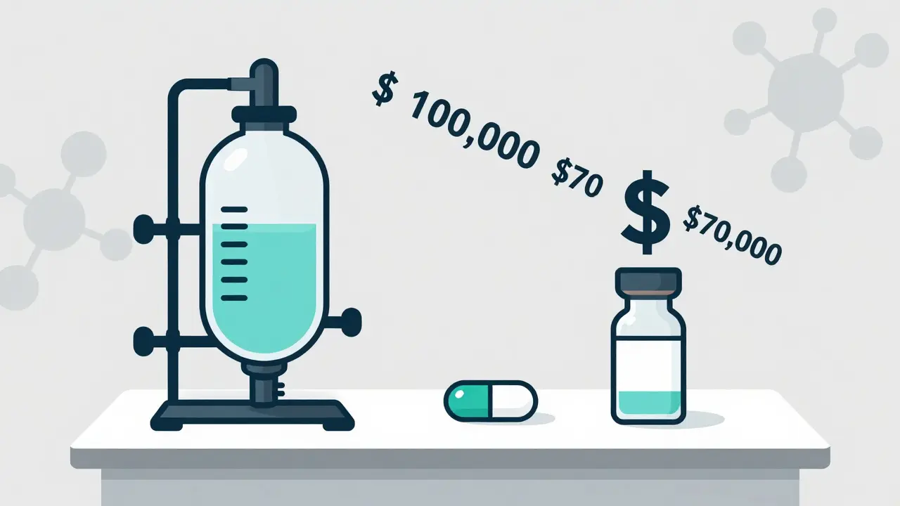 Lab bench with biosimilar vial and pill, price drop visualized beside them