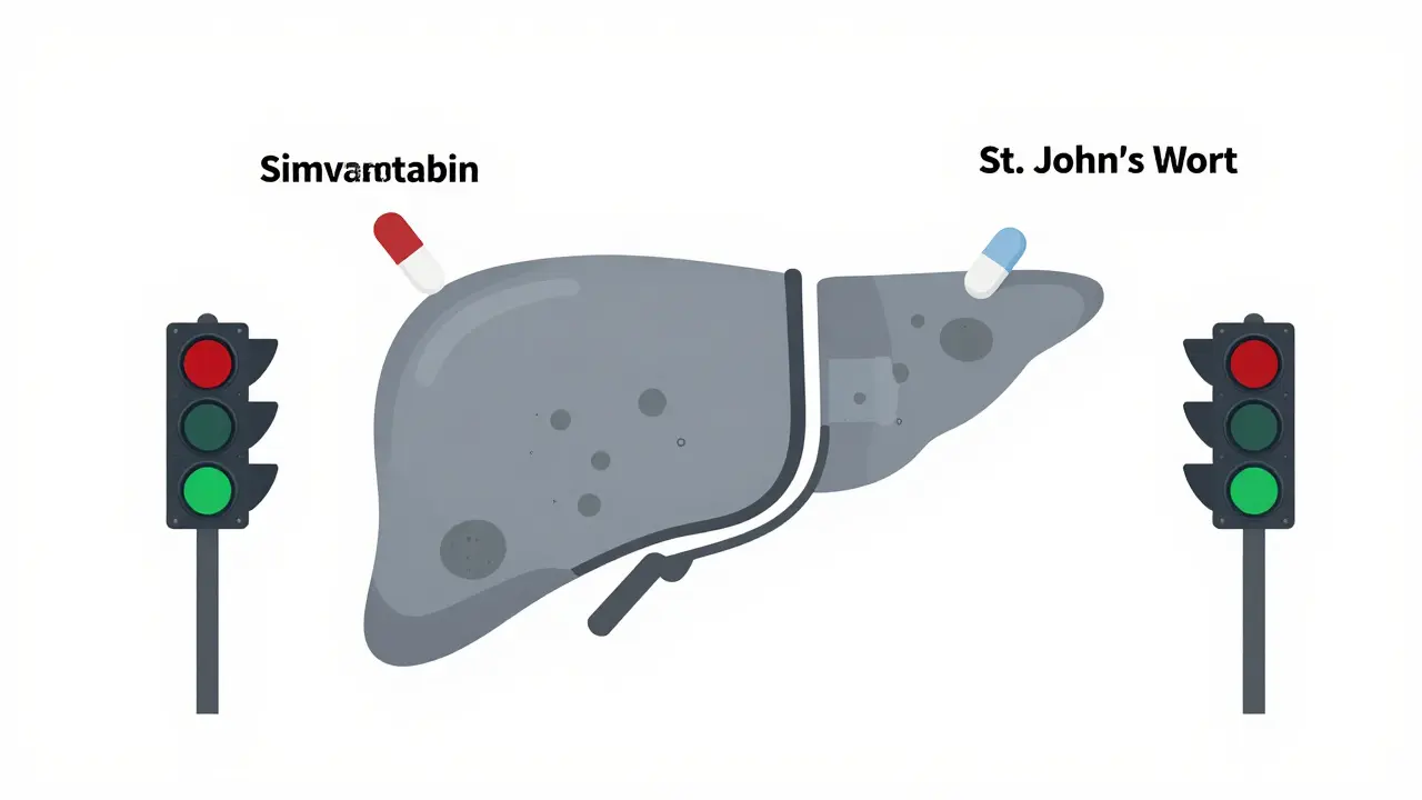 Liver cell with enzyme traffic lights showing one drug blocked and another accelerated by interactions.