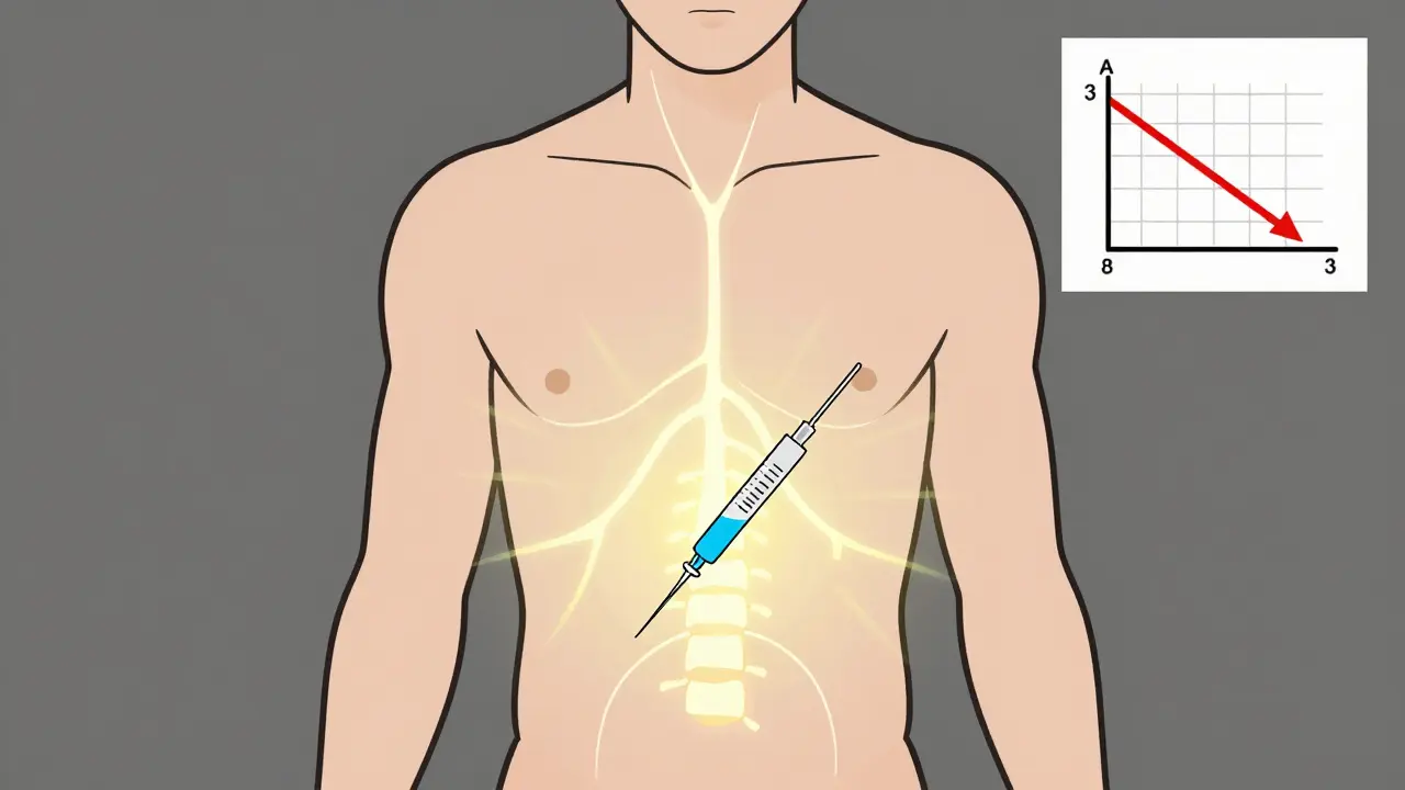 Minimalist torso diagram with a nerve block procedure reducing cancer pain signals.