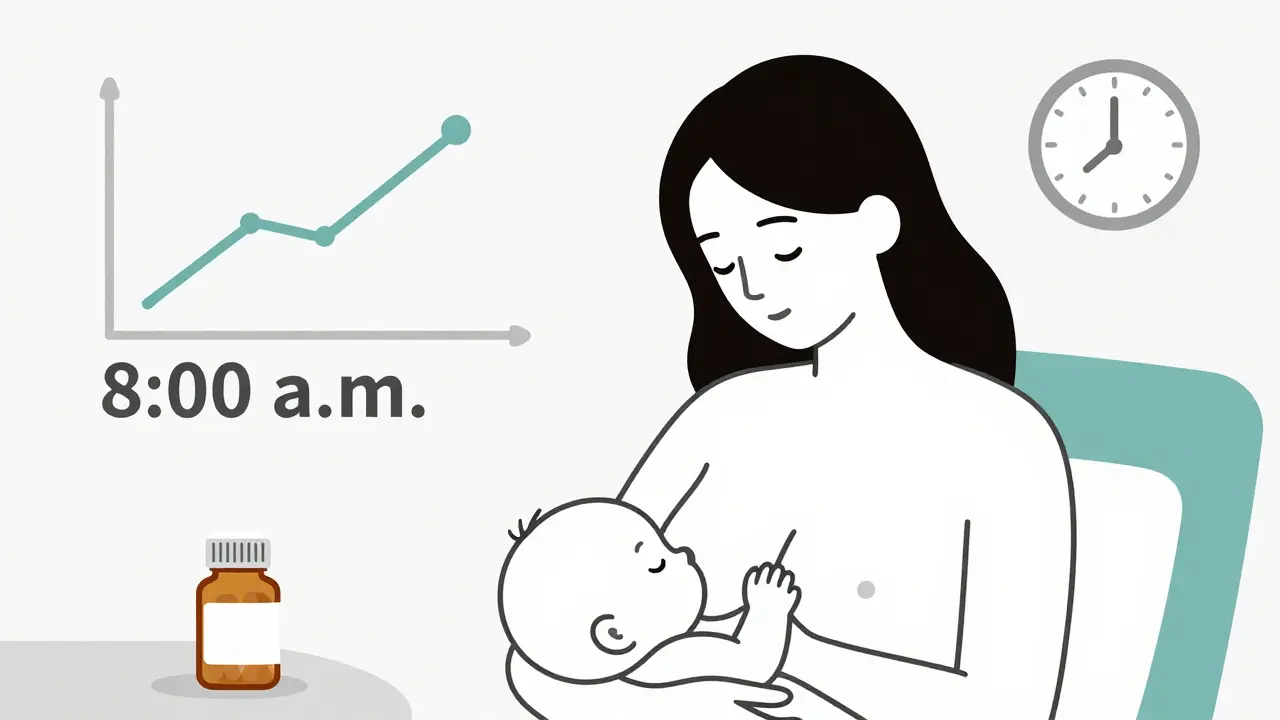 Mother breastfeeds baby just before taking medication, clock nearby shows next dose time.