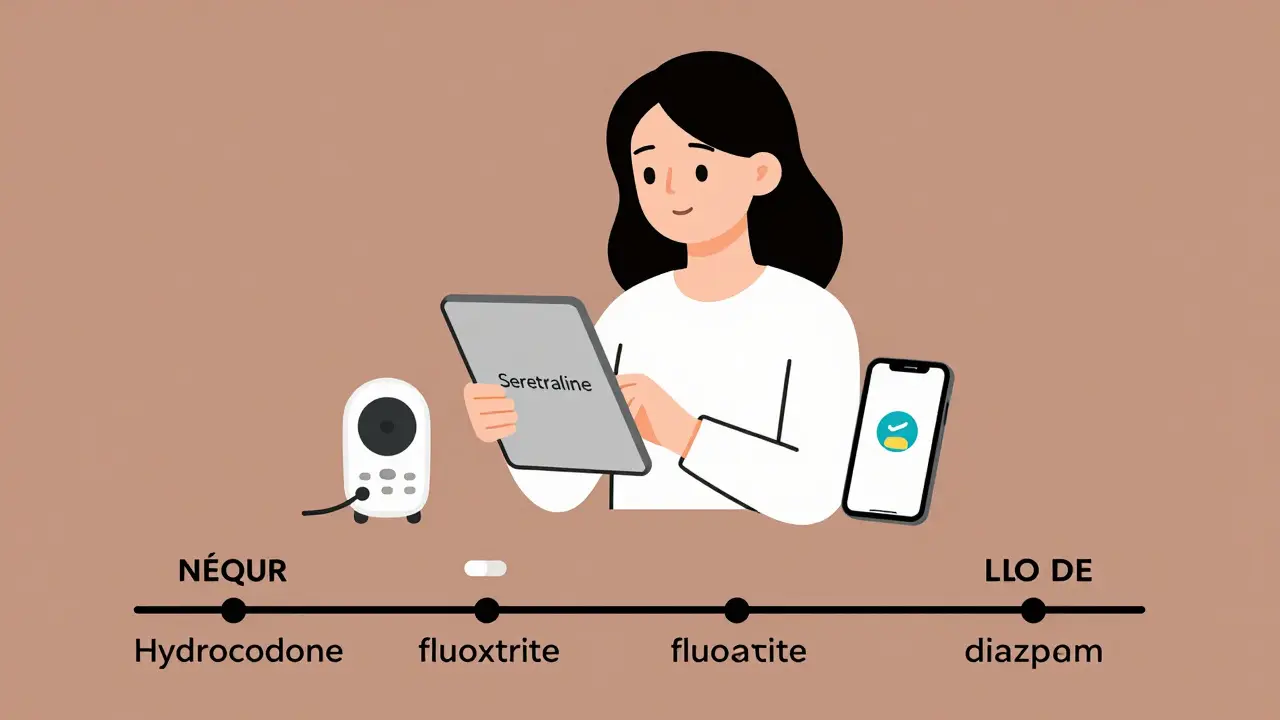 Mother holds safe antidepressant tablet beside baby monitor with LactMed icon on phone.