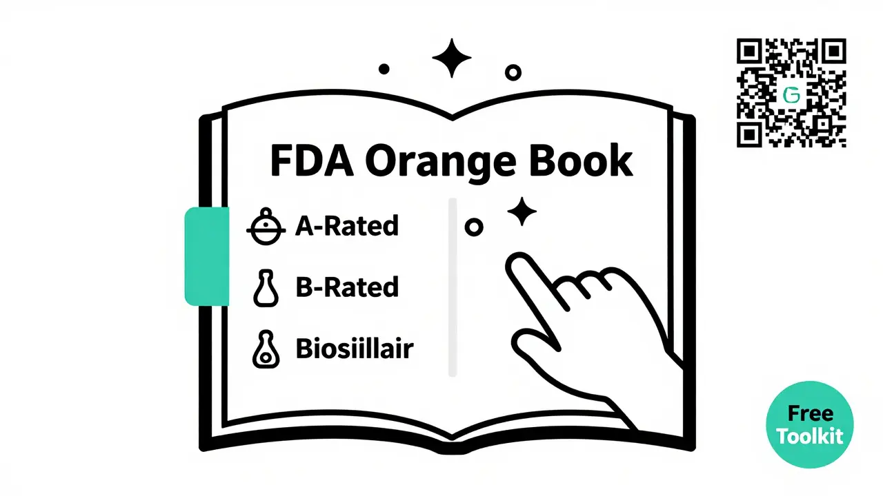 Open FDA Orange Book with A-rated generic drugs floating above, minimalist design.