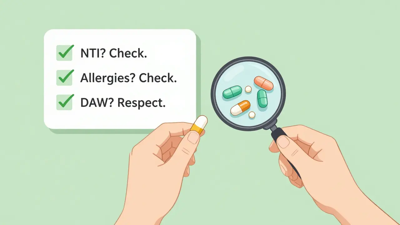 Patient comparing brand and generic pills with safety checklist overlay